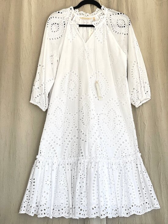 Soft Surroundings Dresses & Skirts - Soft Surroundings Small White Eyelet Peasant Midi Ruffle Dress Cotton 3/4 Sleeve
